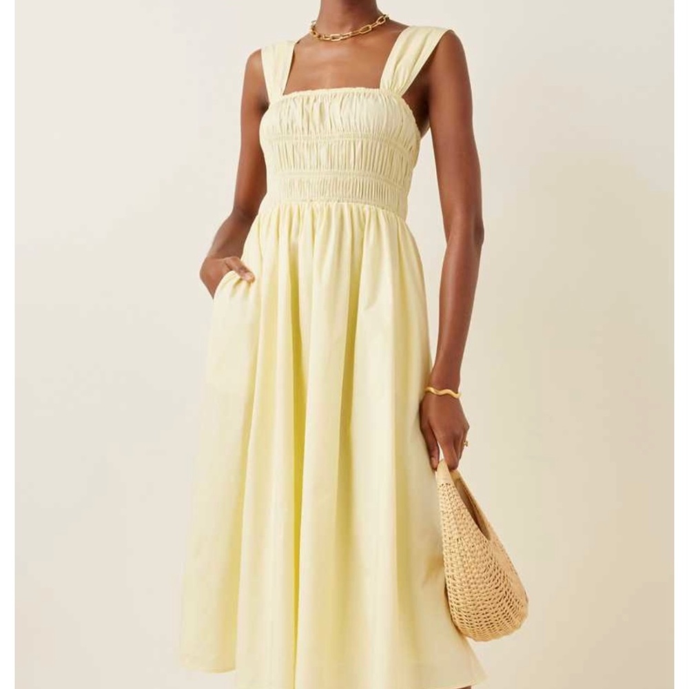 STAUD Ida Smocked Cotton Midi Dress